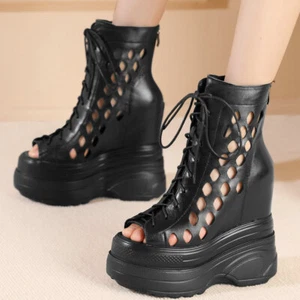 Wedges Pumps Plus Size Shoes Women's Leather High Heels Boots Open Toe Sandals - Picture 1 of 18