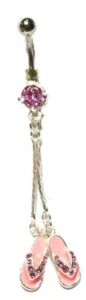 Belly Ring Tropical Flip Flops Pink Long Dangle Naval Steel  - Picture 1 of 3