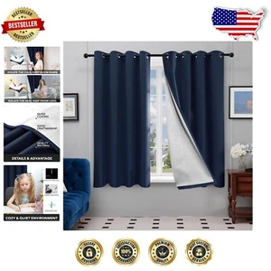 Navy Blue Grommet Blackout Curtains - 52W x 63L Inch, 2 Panel Thermal Insulation - Picture 1 of 9