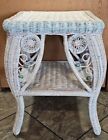 24" Vintage Wicker Two-tier Side Table Multicolored Whitewashed Wood Bead Boho