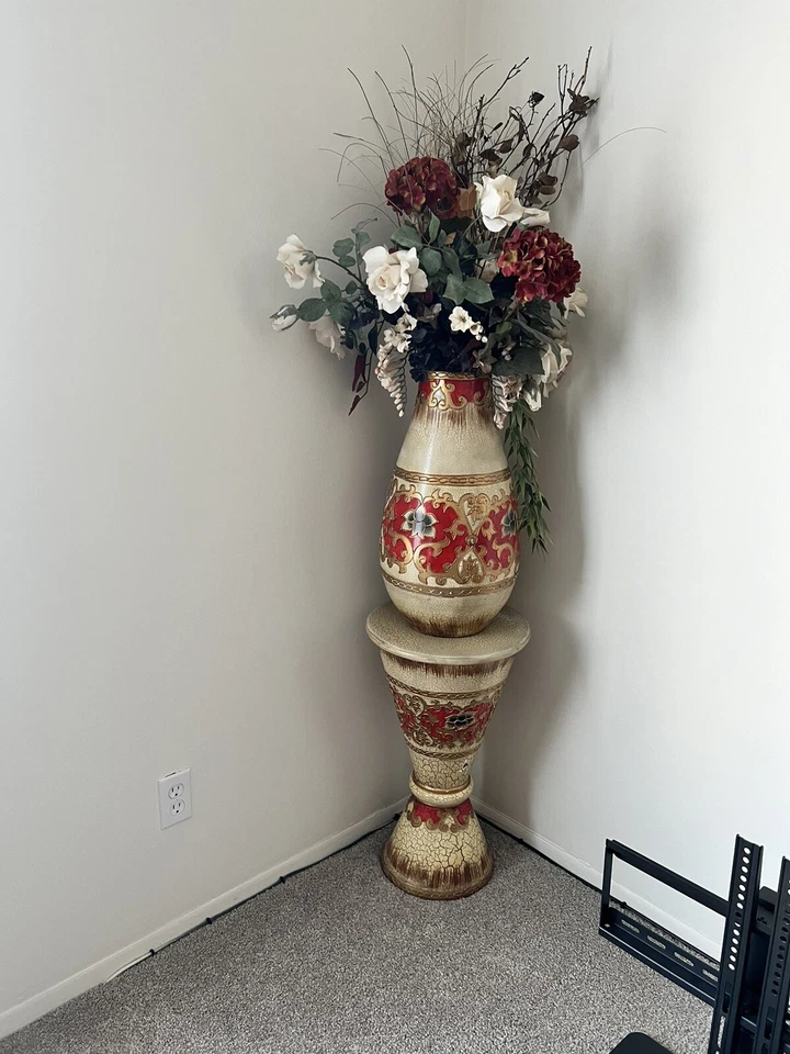 Tall Floor Vase Decorative Large Big Red Black Flower Square Embossed Metal Home - Image 1 of 1
