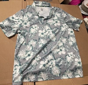 XL Men's TEK GEAR Vintage Grey Floral Polyester Hawaiian Polo Monstera Leaf AOP - Picture 1 of 11