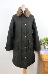 BARBOUR Olive Golspie Wax Jacket Size UK 14 EU 40 USA 10 Large Faux Fur Padded - Picture 1 of 18
