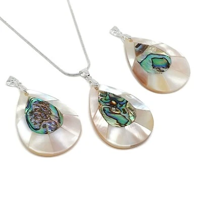 Abalone Necklace Paua Teardrop Pendant Mother of Pearl Shell Silver Plated Chain - Изображение 1 из 4