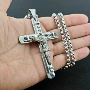 Large Jesus Christ Crucifix INRI Cross Stainless Steel Pendant Chain Necklace - Picture 1 of 33