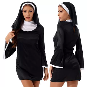 Women's Nun Cosplay Costume Halloween Stage Bodycon Mini Dress with Headscarf - Picture 1 of 16