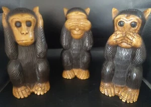 Set of 3 Tommy Bahama Wood Sculpted 8" See, Hear & Speak No Evil Monkeys - Picture 1 of 11