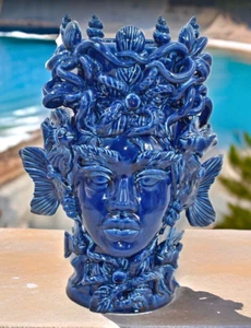 Kopf Qualle Blaue sizilianische Kunstkeramik Frau Mittelmeer Mythologie Neu - Bild 1 von 4
