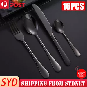 16PCS Stainless Cutlery Set Steel Spoon Fork Knife Tablespoons Teaspoons Black - Picture 1 of 7