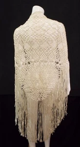 Vintage XL Large Hand Knotted Silk Wrap IVORY Piano Shawl 18" Long Fringe Ribbon - Picture 1 of 23