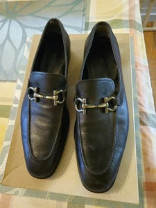 Salvatore Ferragamo Gancini Logo Black Leather Men's Loafers Size 8.5D heel taps - Picture 1 of 14