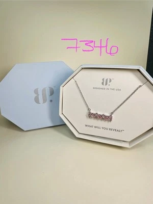 NIB Bomb Party 18" RBP4959 Eva Bar Necklace Rose Quartz CZ Rhodium P - Image 1 of 4