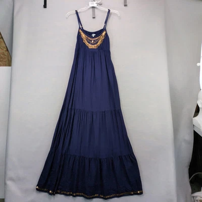 Charlotte Russe Navy Tiered Maxi Dress S Brass Beads Spaghetti Straps High Waist - Image 1 of 4