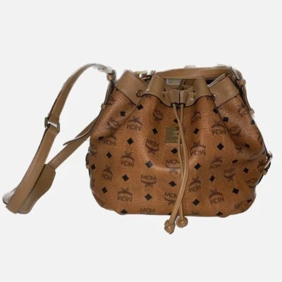 MCM Visetos Bolso de Hombro con Cordón Marrón Dorado Placa Logo Monograma Bot... - Imagen 1 de 4