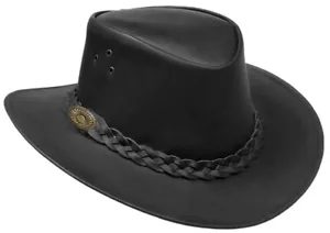 Genuine Leather Hat Western Cowboy Style Australian Bush Unisex Removable Strap - Picture 1 of 5