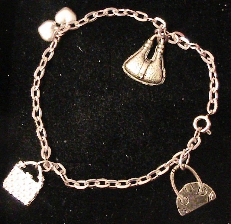 Bracciale cavigliera ciondoli charms borsette cuori argento placcato oro  NUOVO - Immagine 1 di 4