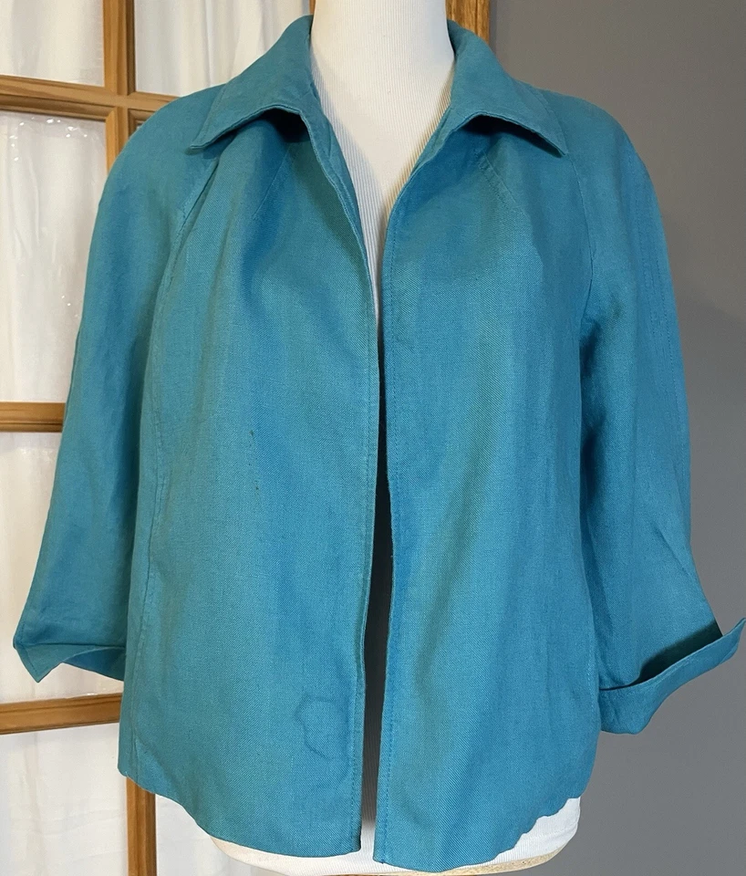 Talbots Iris Linen Blazer Jacket Womens Sz PL Crop Blue Open Front Casual Career - Image 1 of 4
