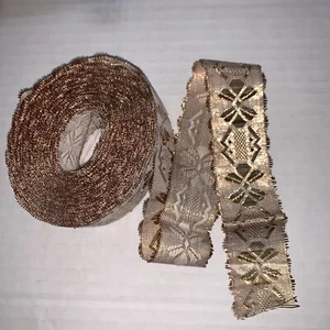 VTG 60’s MCM 1.25” Woven Metallic Ribbon Trim 10.5 Yards Gold & Cream NOS! - Picture 1 of 17