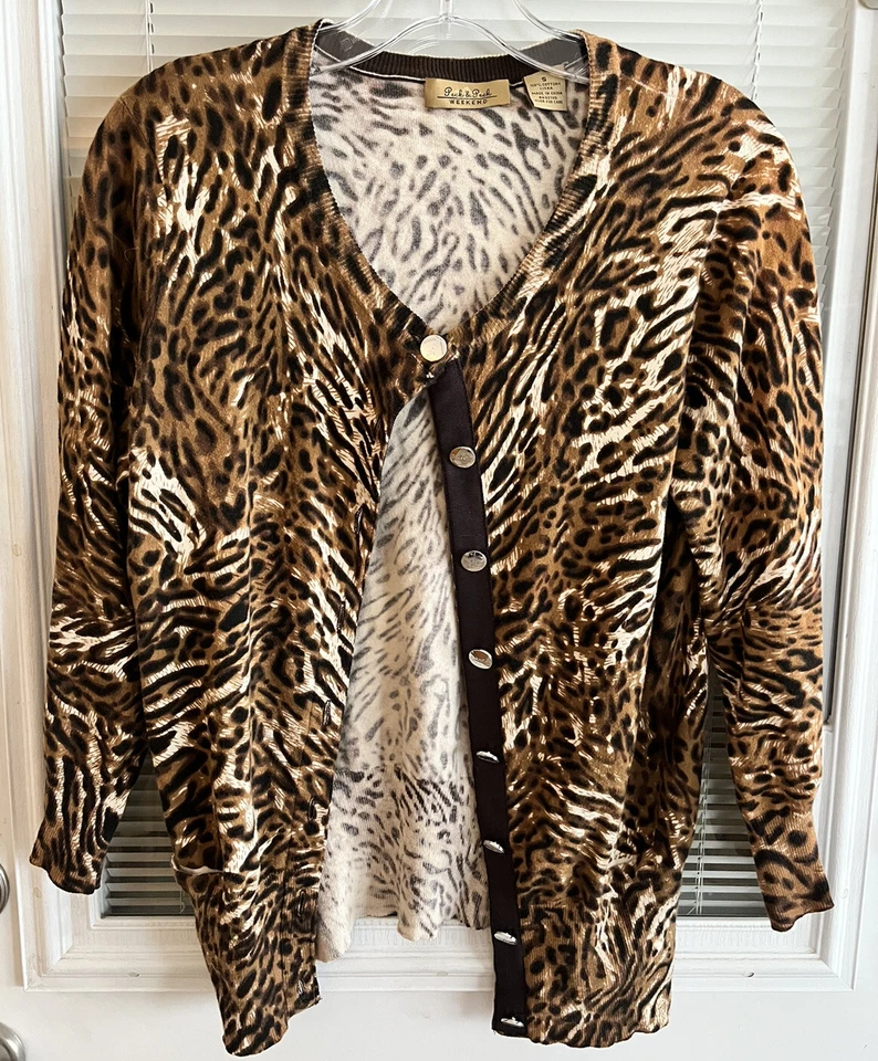 Suéter Peck and Peck Cárdigan Fin de Semana Botones Dorados Estampado Animal Talla S Apenas Wrn Foto 1 de 4