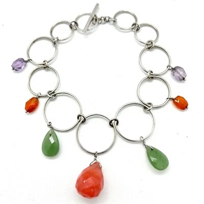 Sterling Silver Round Circle Link Bracelet Colorful Quartz Dangle Drops 925 7.5” - Image 1 of 4