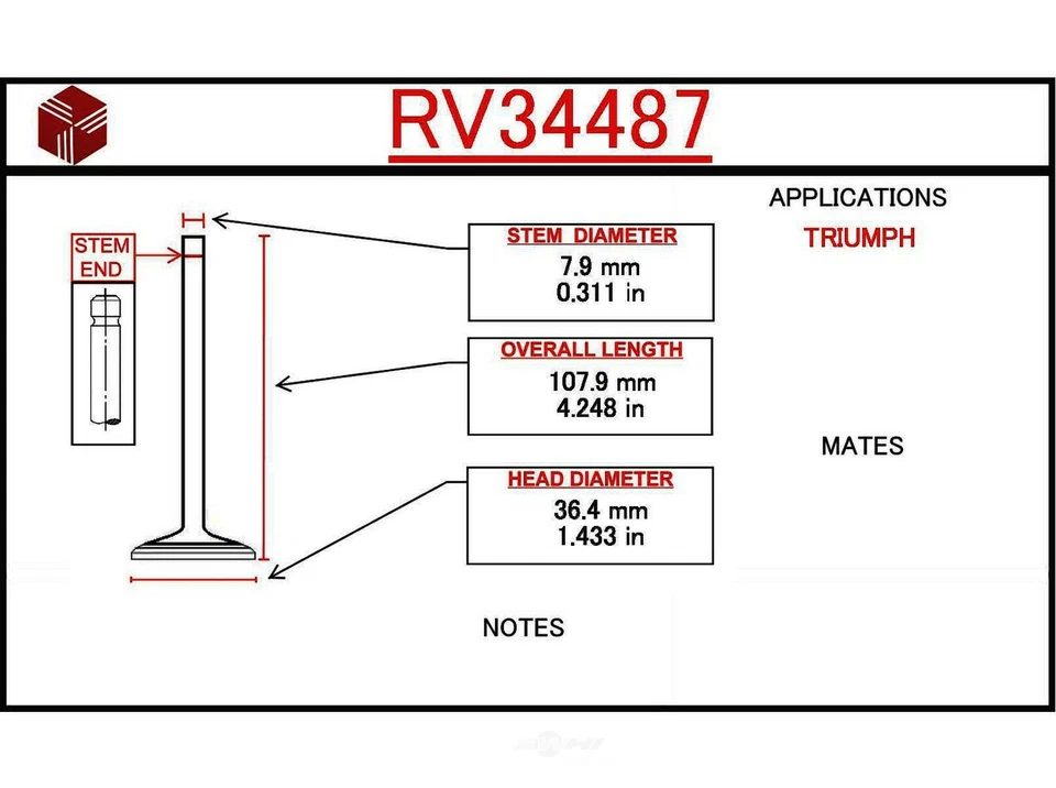 Válvula de admisión del motor ITM RV34487 para Triumph Spitfire 1971 1,3 L-L4 Foto 1 de 1