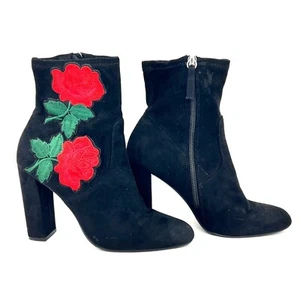Steve Madden Edit Damen Stiefeletten schwarz Wildleder rot Rosenstickerei seitlicher Reißverschluss - Bild 1 von 16