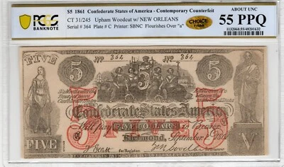 CT-31 245 1861 $5 Contemporary Counterfeit CSA Paper Money- PCGS-B AU 55 PPQ Ch - Image 1 of 2