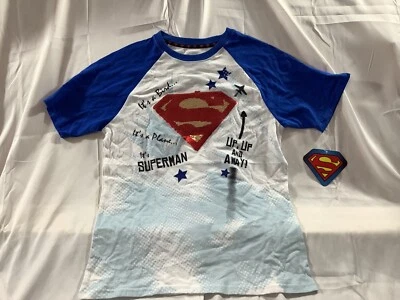 DC Superman Camisa Niños 2XL 18 Blanco Azul Manga Corta Lentejuelas Logo NUEVO Foto 1 de 4