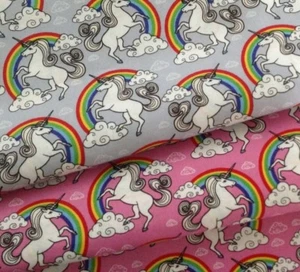 UNICORN & RAINBOWS 100% COTTON FABRIC GREY, PINK & WHITE  CHILDREN - Picture 1 of 8