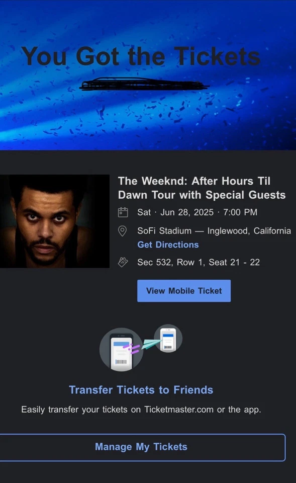 The Weeknd After Hours Til Dawn Tour 2x Tickets LA 7/28/25 MESSAGE BEFORE BUYING - Image 1 of 1