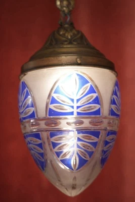 LÁMPARA DE TECHO ANTIGUA DE BRONCE CORTE ART NOUVEAU VIDRIO AZUL SATINADO 1910 Foto 1 de 4