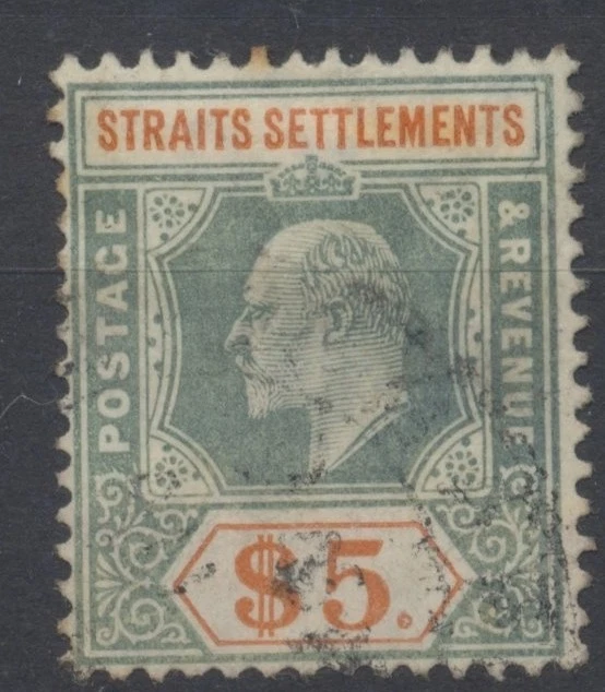Straits Settlements 1905 $5 verde opaco y marrón naranja SG 138 usado CV £275 Foto 1 de 2