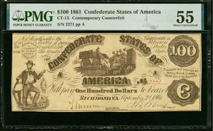 AU55 CT-13 $100 1861 Confederate States Civil War Contemporary Counterfeit Note - Picture 1 of 6