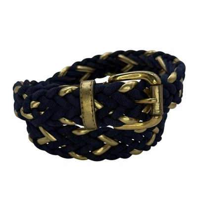 Cinturón trenzado vintage años 80 Donna Katz azul marino y dorado nailon imitación cuero mediano Foto 1 de 4