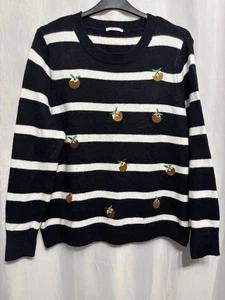-998 Tu Sz 22 Navy&White Striped Embroidered Puddings Xmas Jumper - Picture 1 of 4