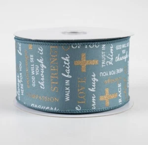 Nastro cablato Compassion Prayers Hope Grace Love God Bless TELA BLU 2,5" di Yd - Foto 1 di 2