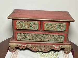 Qing Dynasty 19th C Chinese Carved Dragon Red Lacquer Gold Jewelry Box Antique - Picture 1 of 23
