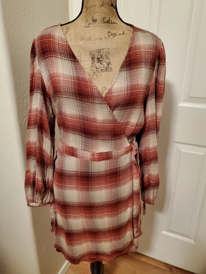 Melrose & Market Women's Size M Red Rust Plaid Wrap Dress Nordstrom Rack