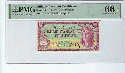Military Payment Certificate Series 591 PMG 66 EPQ  5 cent PMG - Image 1 of 2