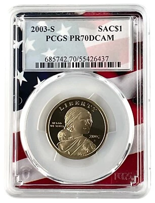 2003 S Sacagawea Dollar PCGS PR70 DCAM Flag Frame - Image 1 of 2
