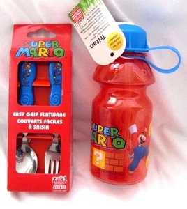 Super Mario Brothers Mario Flatware Folk&Spoon plus 13 oz Mario Water Bottle    - Picture 1 of 3