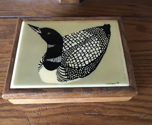 VINTAGE WOOD JEWELRY BOX TILE LID FELT LINED SIGNED W MORGAN ‘79 LOON DUCK - Picture 1 of 6