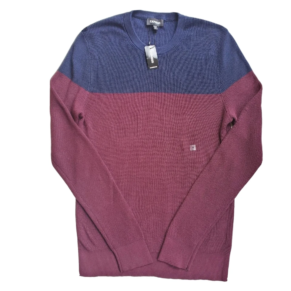 Express Pullover Crew Neck Sweater Men's M Burgundy Navy Long Sleeve NWT - Image 1 of 4
