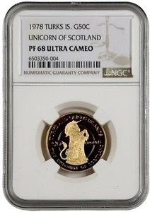 1978 Unicorn of Scotland Turks Caicos Is Gold 50 Crowns Proof Coin NGC PF 68 UC - Picture 1 of 2