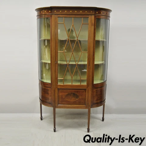 English Edwardian Satinwood Inlay Bowed Curved Glass China Display Cabinet Curio Cover