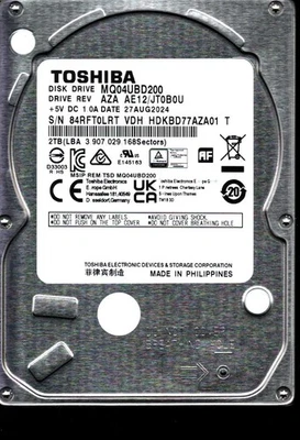 MQ04UBD200 P/N: HDKBD77AZA01 T AZA AE12/JTB0U 2 TB AGO 2024 FILIPINAS TOSHIBA Foto 1 de 2
