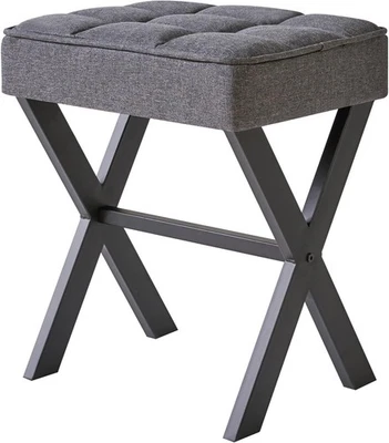 Dark Grey Linen Makeup Stool with X-Leg Base – Square Vanity Footrest - Image 1 of 4