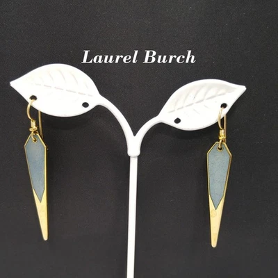 Laurel Burch Long Blue Enamel Earrings Gold Plated Cloisonné Dangle 1980s - Image 1 of 4