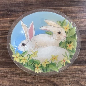 Peggy Karr Osterhasen Hasen 11" runde Schmelzglasschale signiert 2004 - Bild 1 von 7