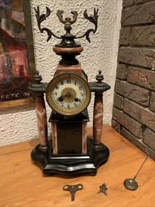 Kaminuhr, Frankreich 1880, Portaluhr. Messing, Marmor antik, Emaille ZB - Bild 1 von 12